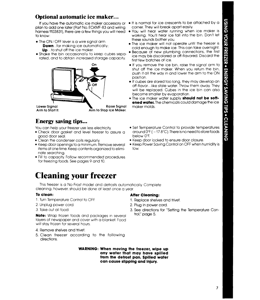 Whirlpool EV150N manual Cleaning your freezer, Optional automatic ice maker, Energy saving tips, To clean, After Cleaning 