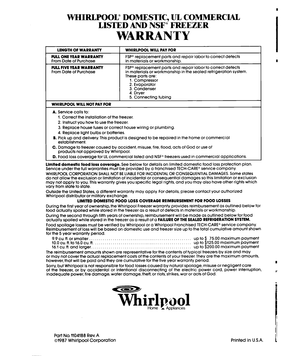 Whirlpool EV150N manual TF&wol, Warranty, Whirlpool” Domestic, Ul Commercial, Listed And Nsf” Freezer 