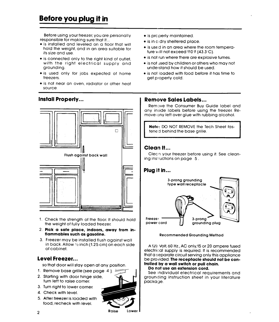 Whirlpool EV150NXK warranty Before you plug it, Install Properly Remove Sales labels, Cleain It, Level Freezer, Plug it 