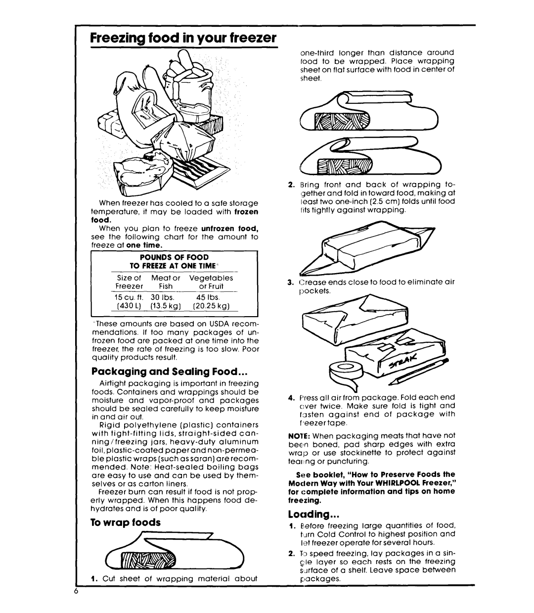 Whirlpool EV150NXK warranty Freezing food in your freezer, Packaging and Sealing Food, To wrap foods, Loading 