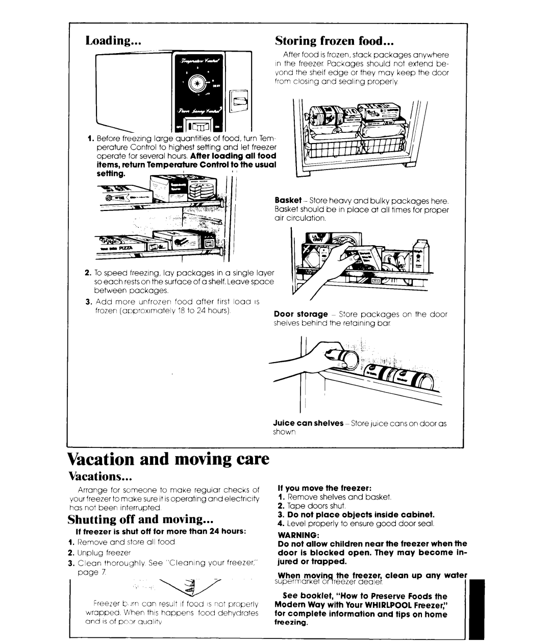 Whirlpool EV15HK manual Loading Storing, Food, Vacations, Shutting off and moving 