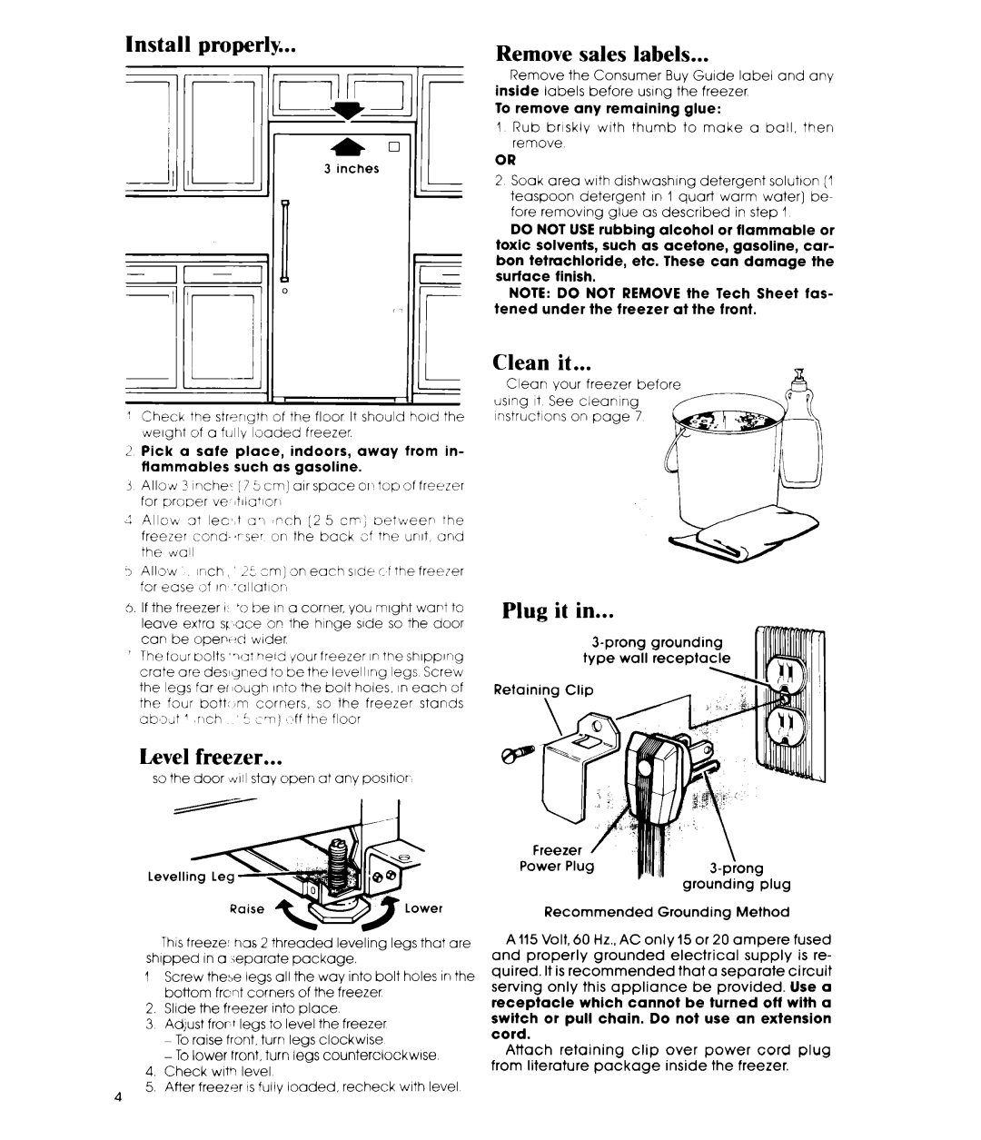 Whirlpool EV15HK manual Install properly, Remove sales labels, Clean it, Plug- it, Level freezer 