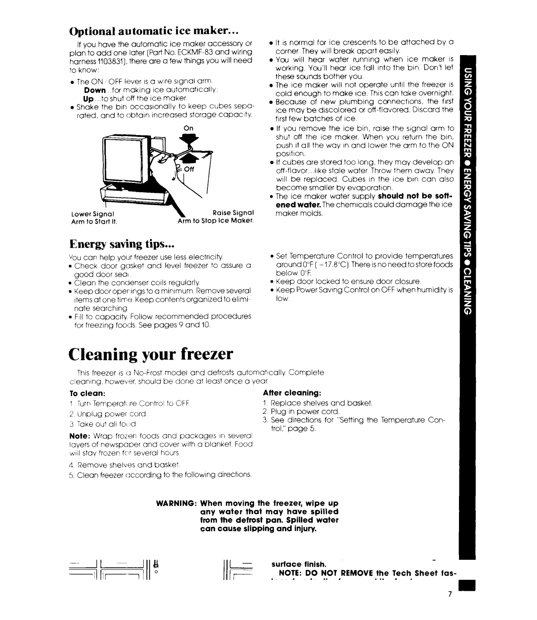 Whirlpool EV15HK manual Cleaning your freezer, Optional automatic ice maker, Energy saving tips 