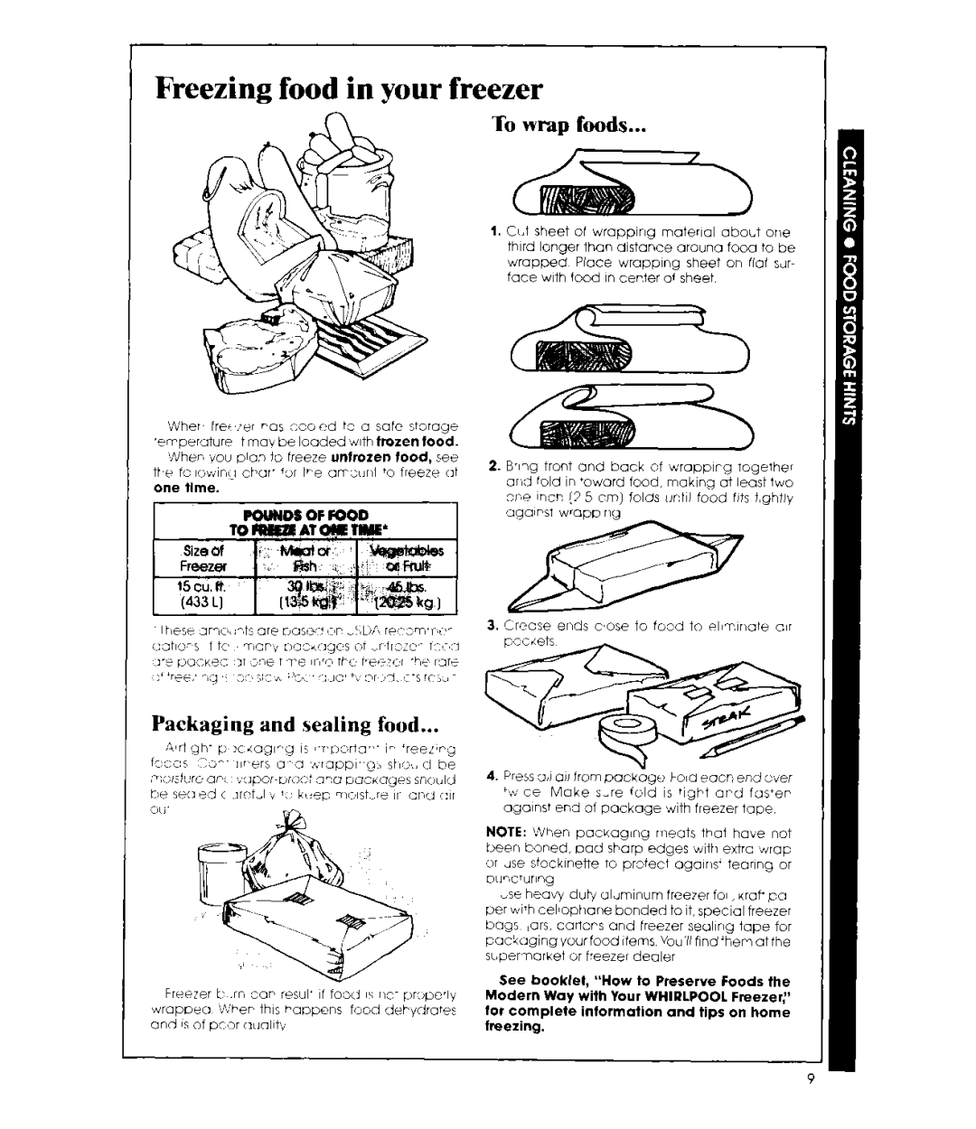 Whirlpool EV15HK manual Freezing food in your freezer, To wrap foods, Packaging and sealing food 