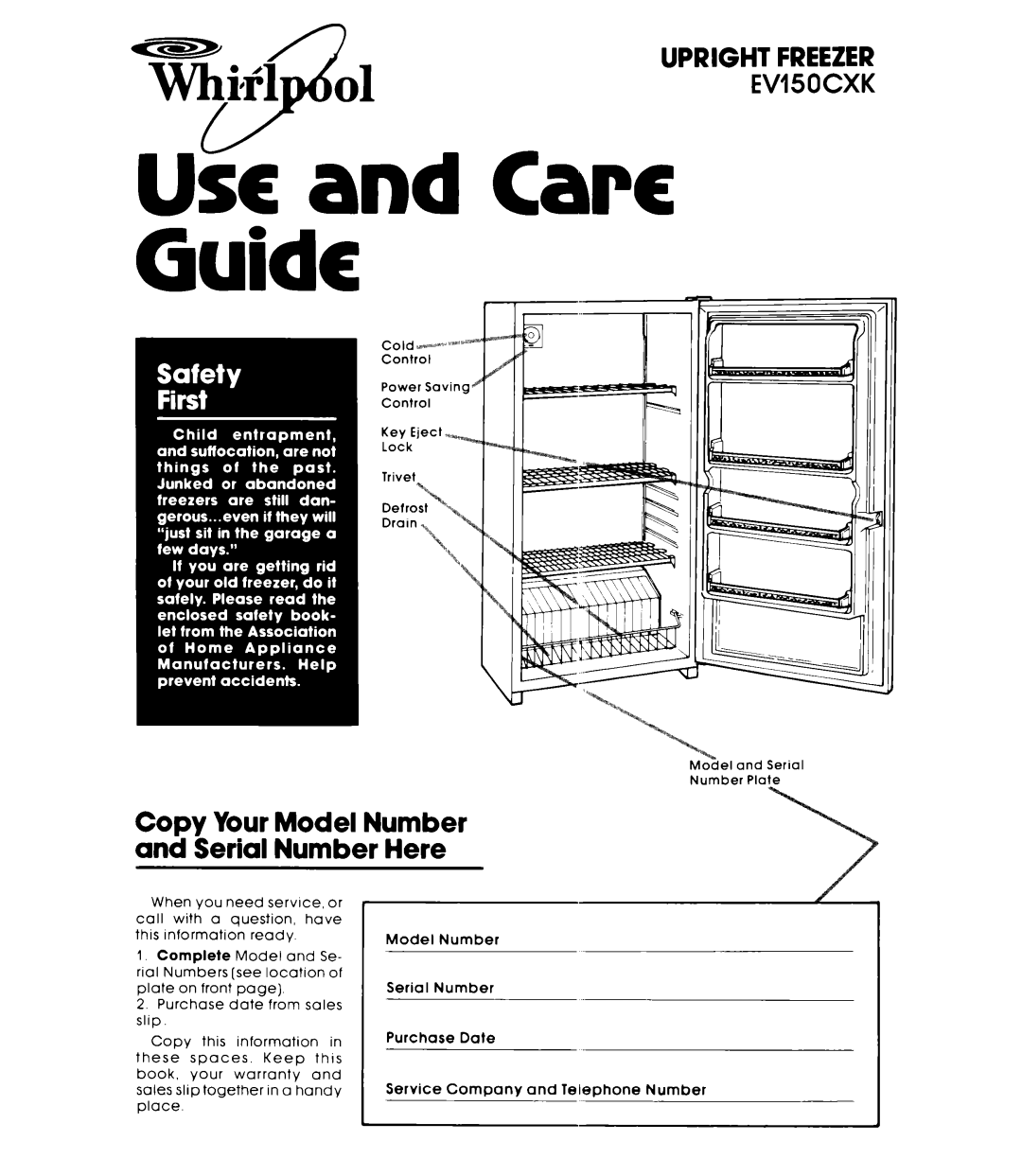 Whirlpool EV15OCXK warranty Care, Copy Your Model Number Serial Number Here 