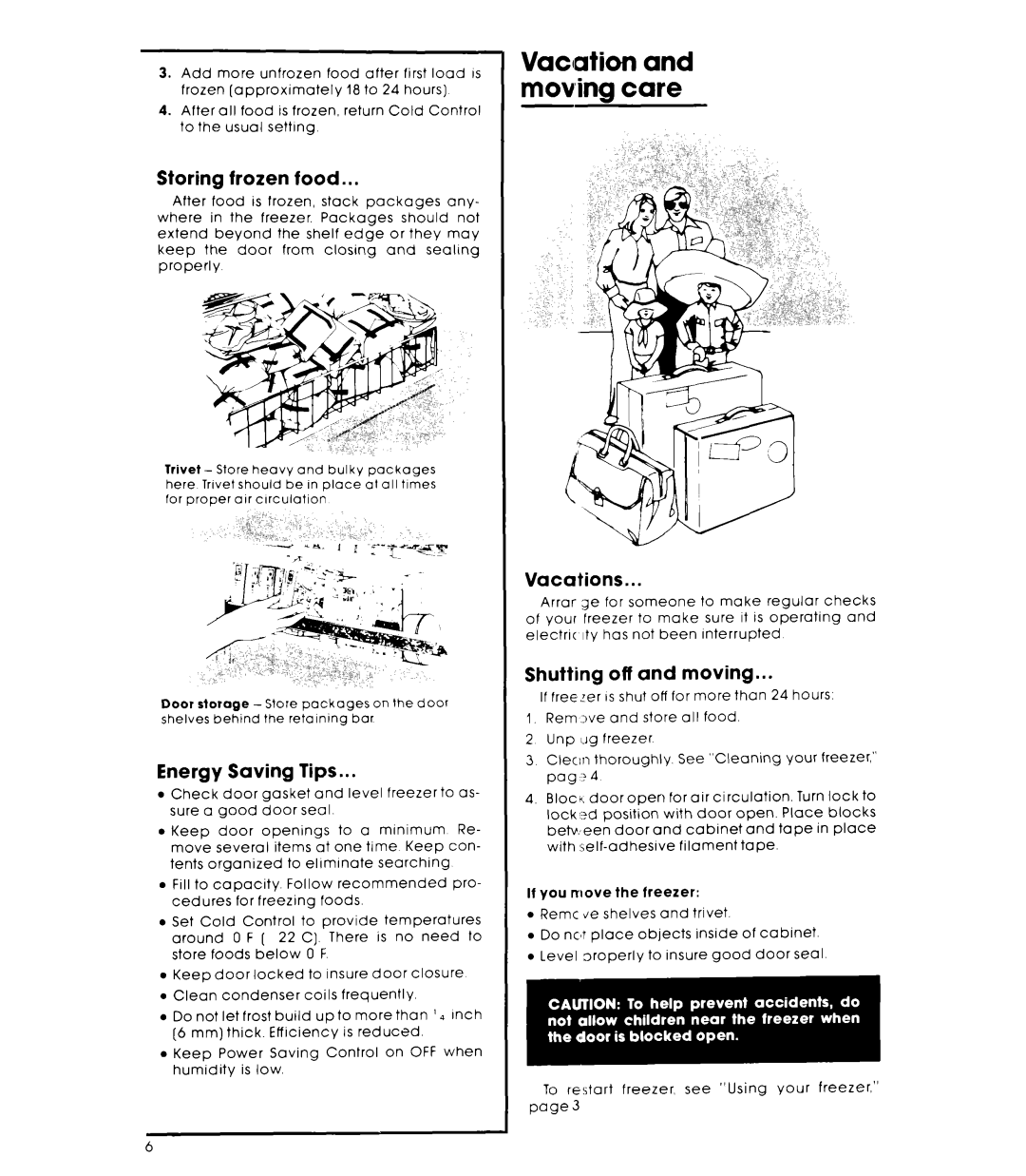 Whirlpool EV15OCXK Vaclation and moving care, Storing frozen food, Vacations, Energy Saving Tips, Shutting off and moving 