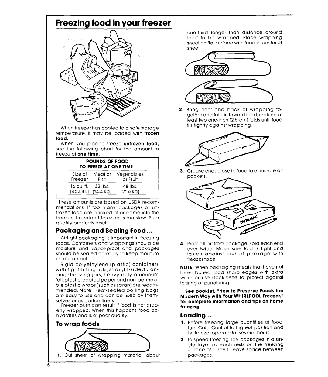 Whirlpool EV160EXK warranty Freezing food in your freezer, Packaging and Sealing Food, To wrap foods, Loading 