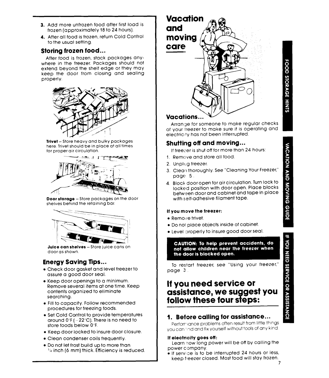 Whirlpool EV160EXK warranty Storing frozen food, Energy Saving Tips, Vacations, Shutting off and moving 