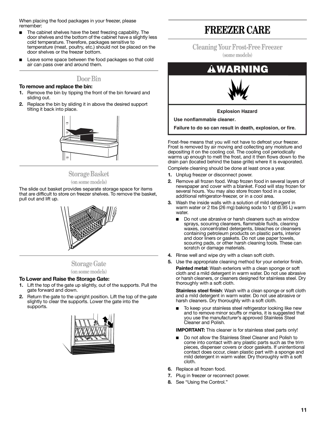 Whirlpool EV161NZTQ manual Freezer Care, Door Bin, StorageBasket, StorageGate, Cleaning Your Frost-Free Freezer 