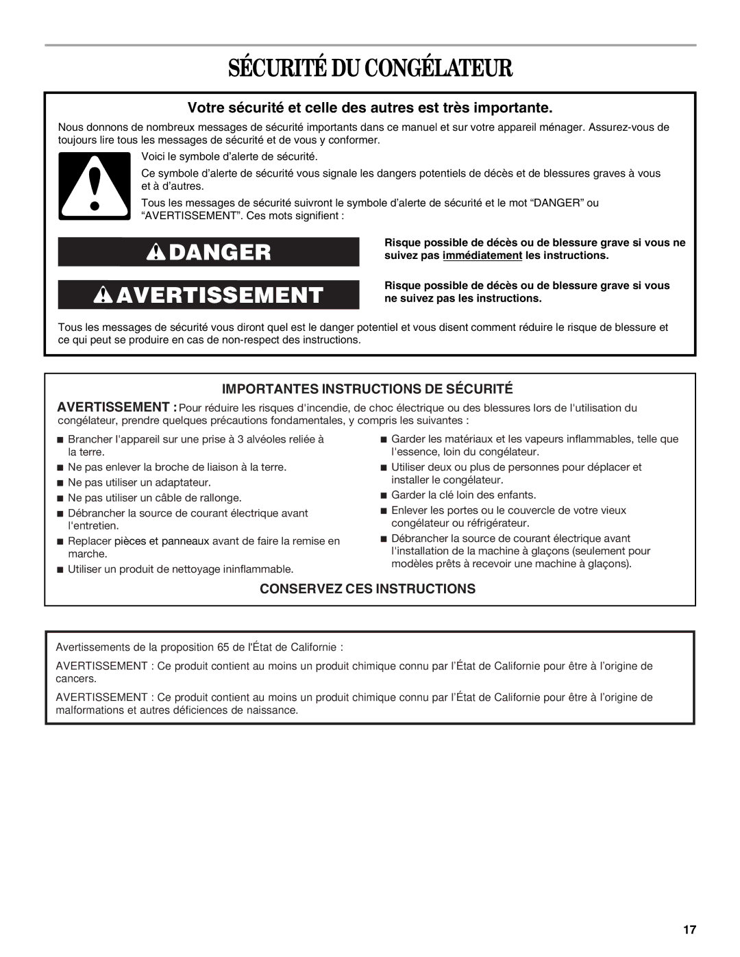 Whirlpool EV161NZTQ manual Sécurité DU Congélateur, Votre sécurité et celle des autres est très importante 