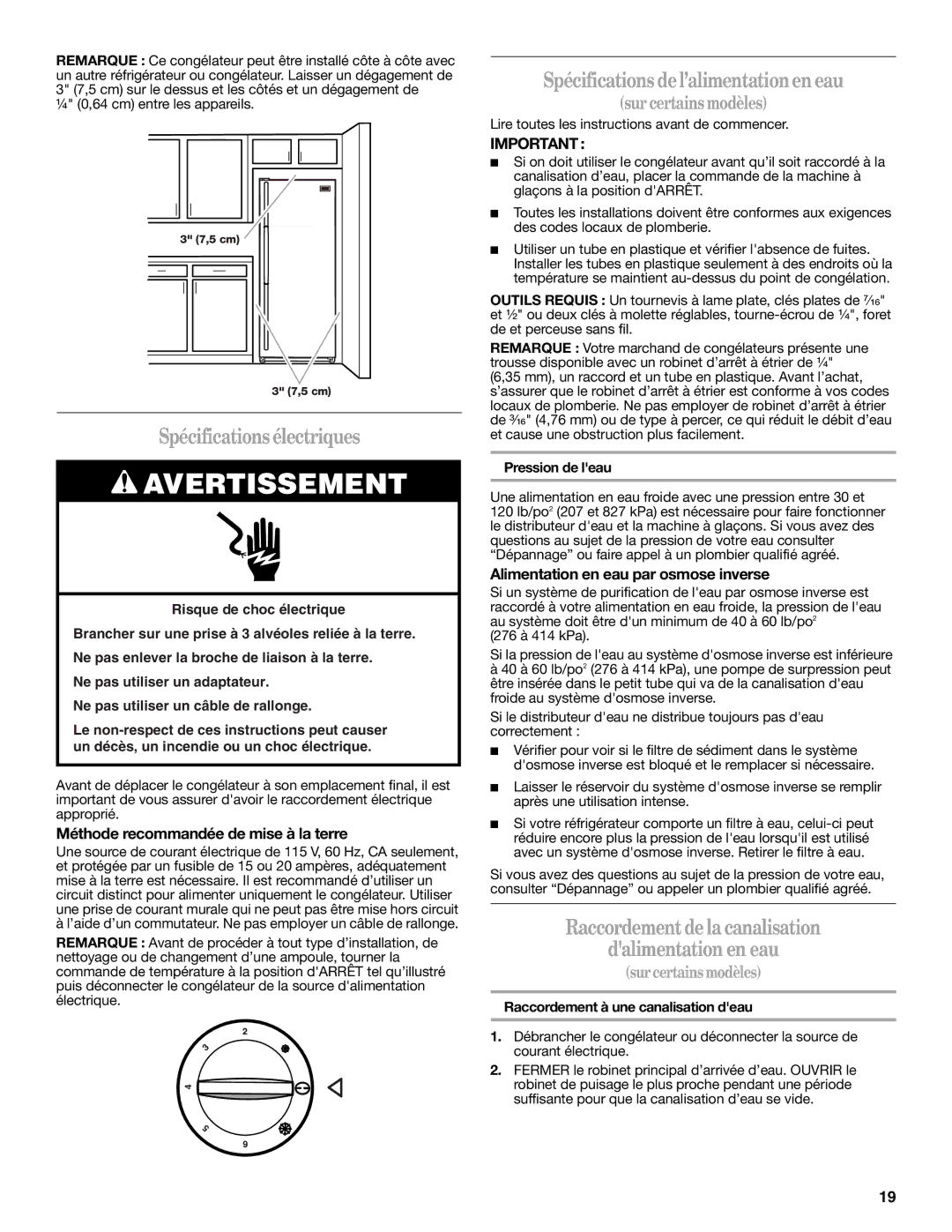 Whirlpool EV161NZTQ manual Spécificationsélectriques, Spécifications del’alimentationen eau 