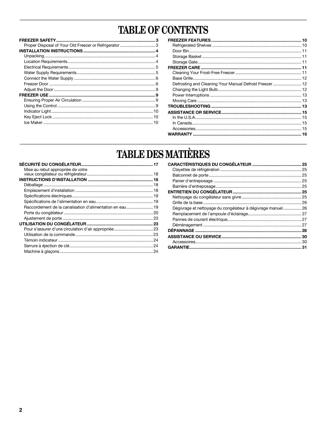 Whirlpool EV161NZTQ manual Table of Contents, Table DES Matières 