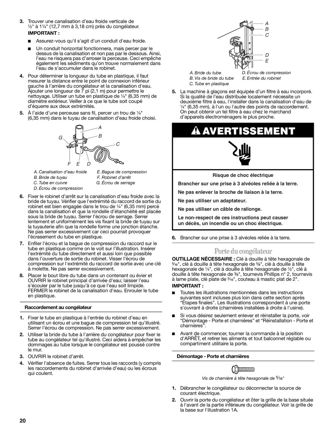 Whirlpool EV161NZTQ manual Porte du congélateur, Raccordement au congélateur, Démontage Porte et charnières 