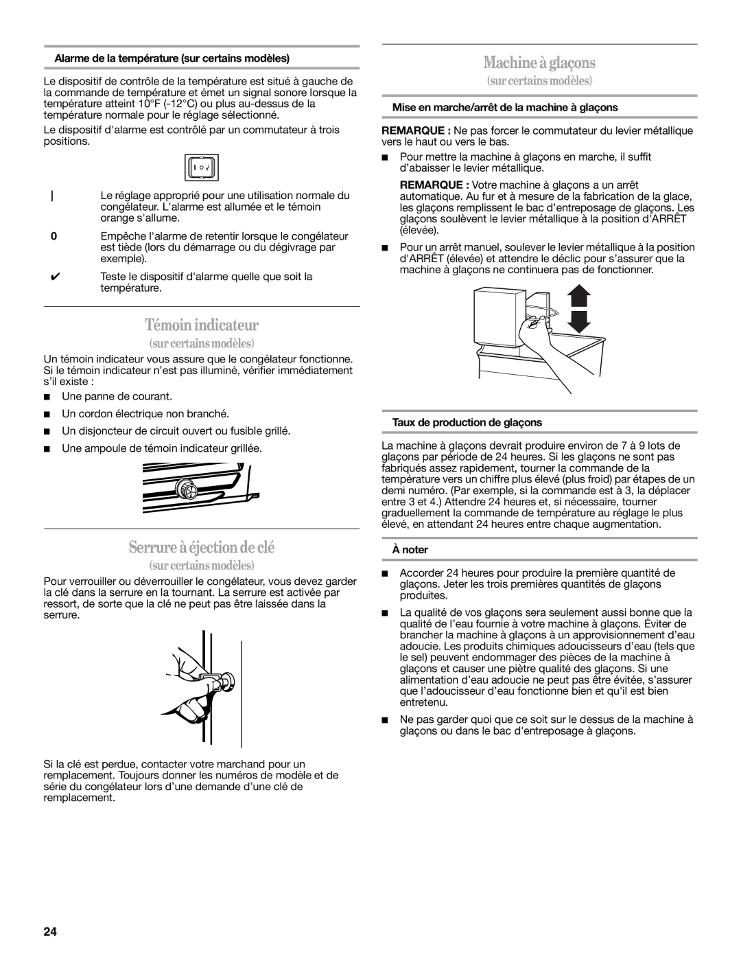 Whirlpool EV161NZTQ manual Témoin indicateur, Serrure à éjectionde clé, Machine à glaçons 