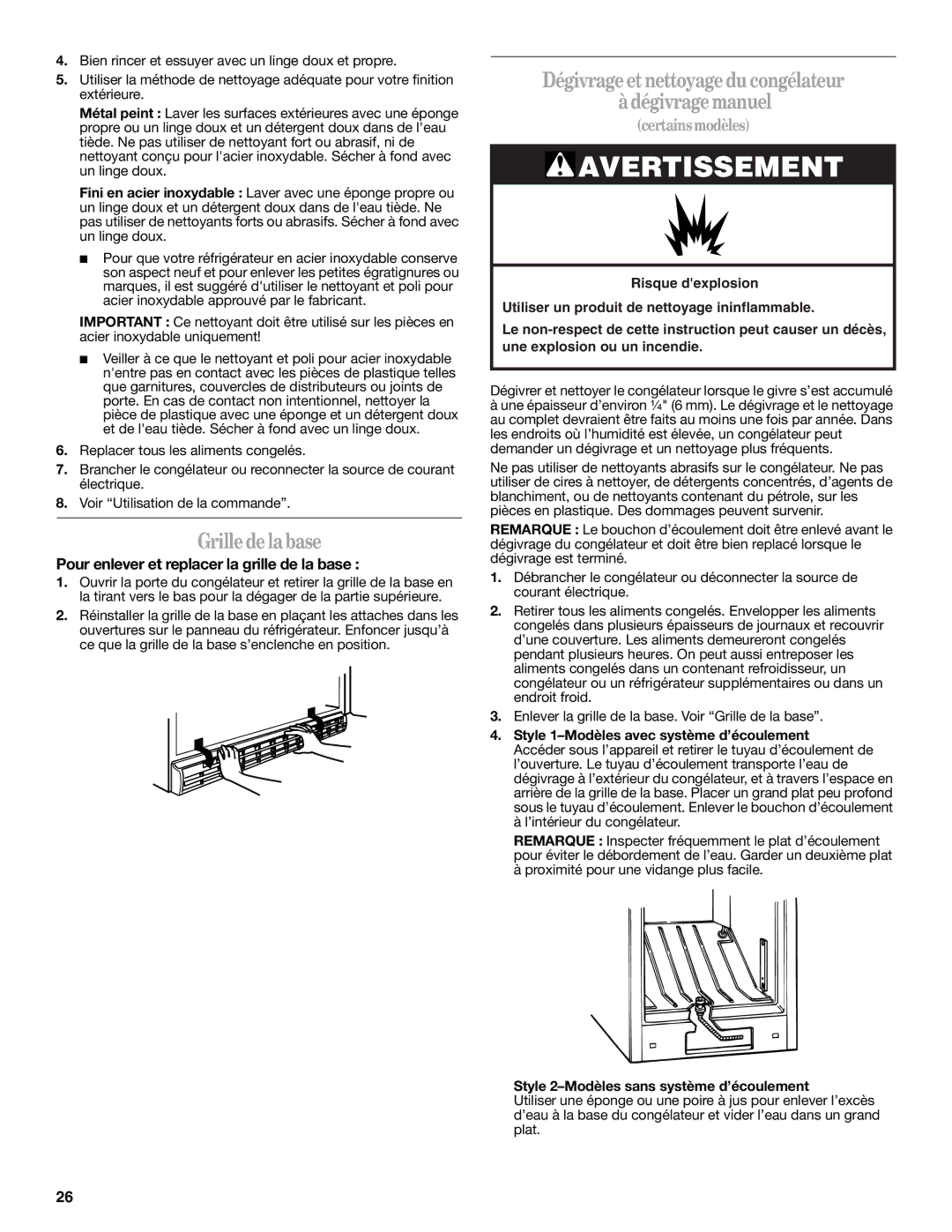 Whirlpool EV161NZTQ manual Grille de la base, Dégivrage et nettoyage du congélateur Dégivrage manuel 