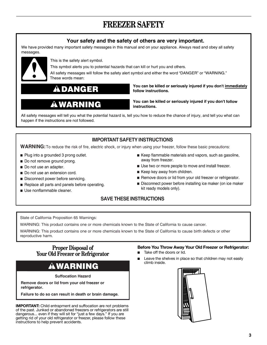 Whirlpool EV161NZTQ manual Freezer Safety, Before You Throw Away Your Old Freezer or Refrigerator 