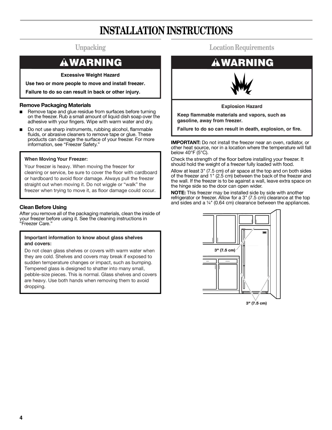 Whirlpool EV161NZTQ manual Installation Instructions, Unpacking, LocationRequirements, Remove Packaging Materials 