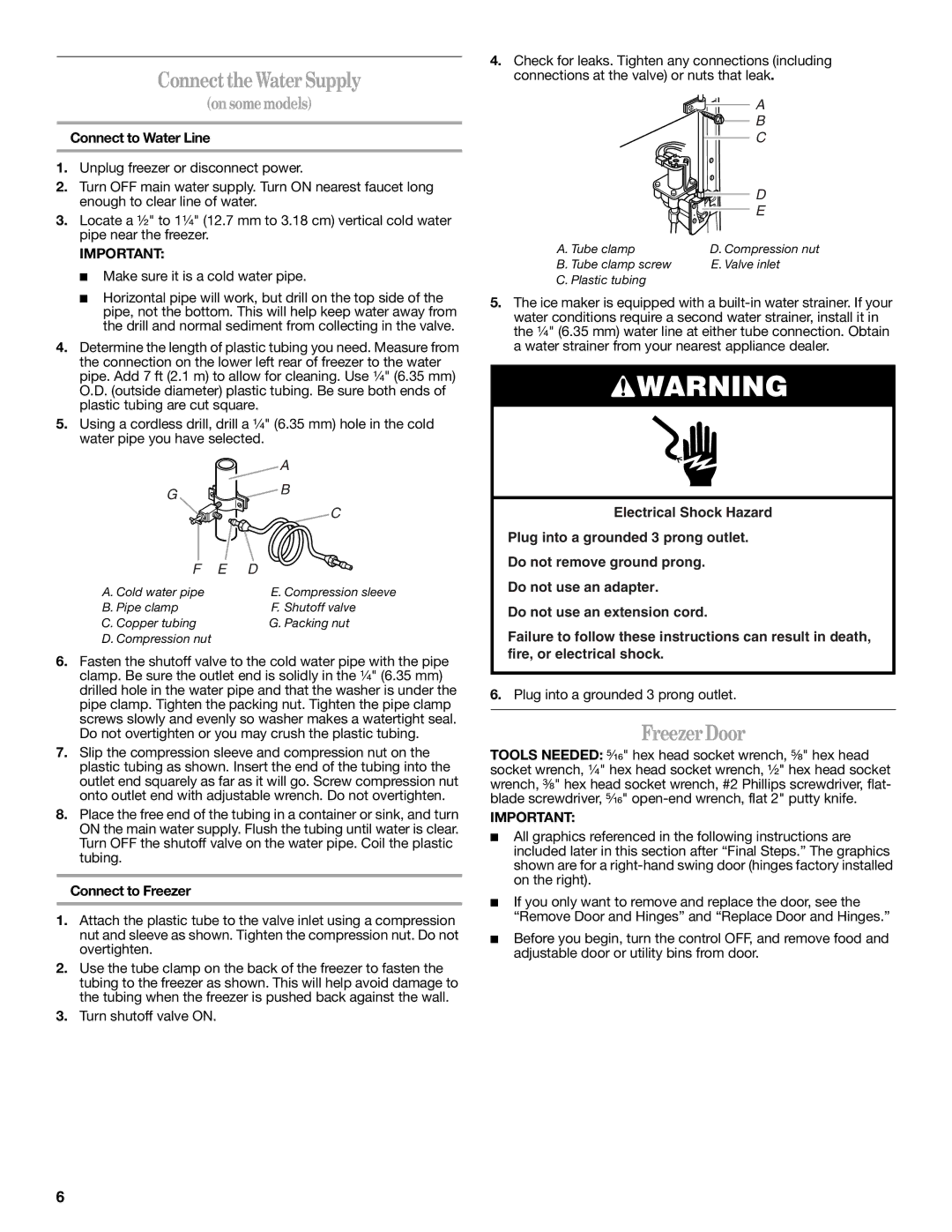 Whirlpool EV161NZTQ manual Connect the Water Supply, Freezer Door, Connect to Water Line, Connect to Freezer 