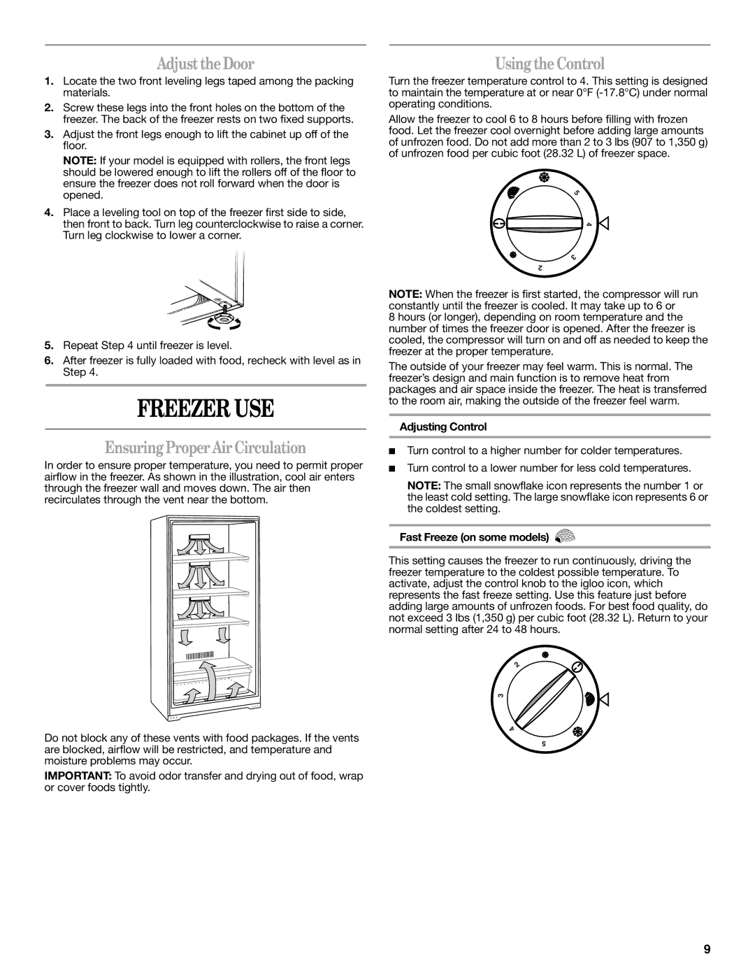 Whirlpool EV161NZTQ manual Freezer USE, Adjust the Door, Ensuring Proper Air Circulation, Using the Control 