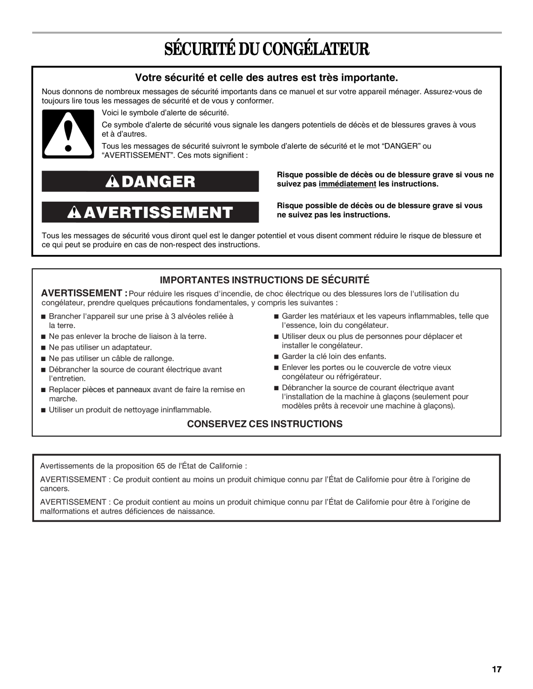 Whirlpool EV161NZTQ manual Sécurité Du Congélateur, Danger Avertissement, Importantes Instructions De Sécurité 
