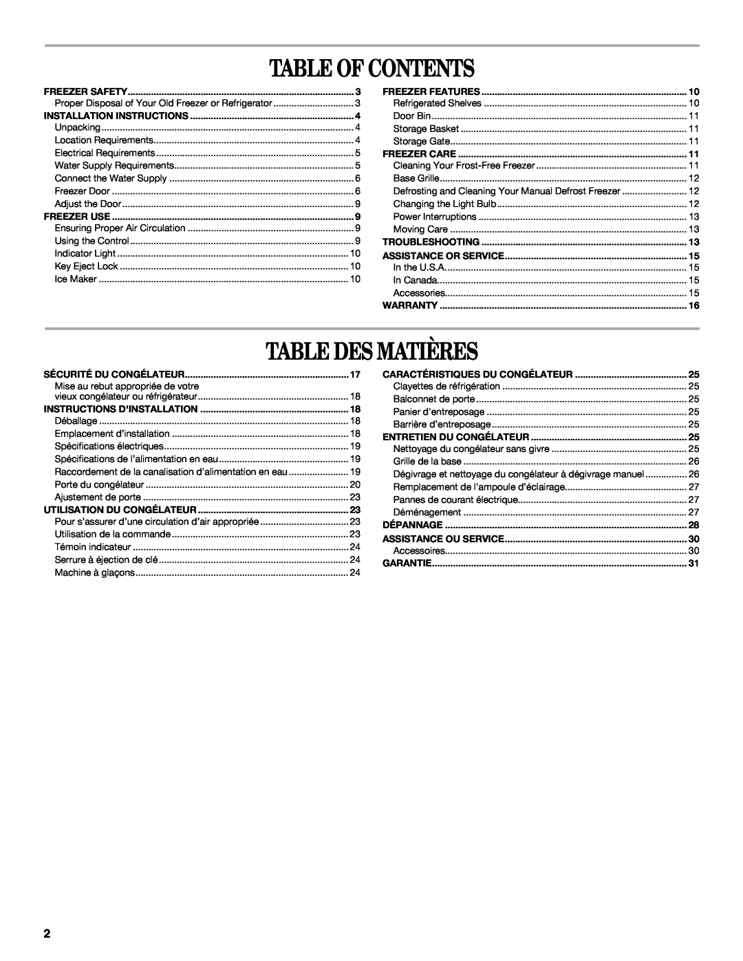 Whirlpool EV161NZTQ manual Table Of Contents, Table Des Matières 
