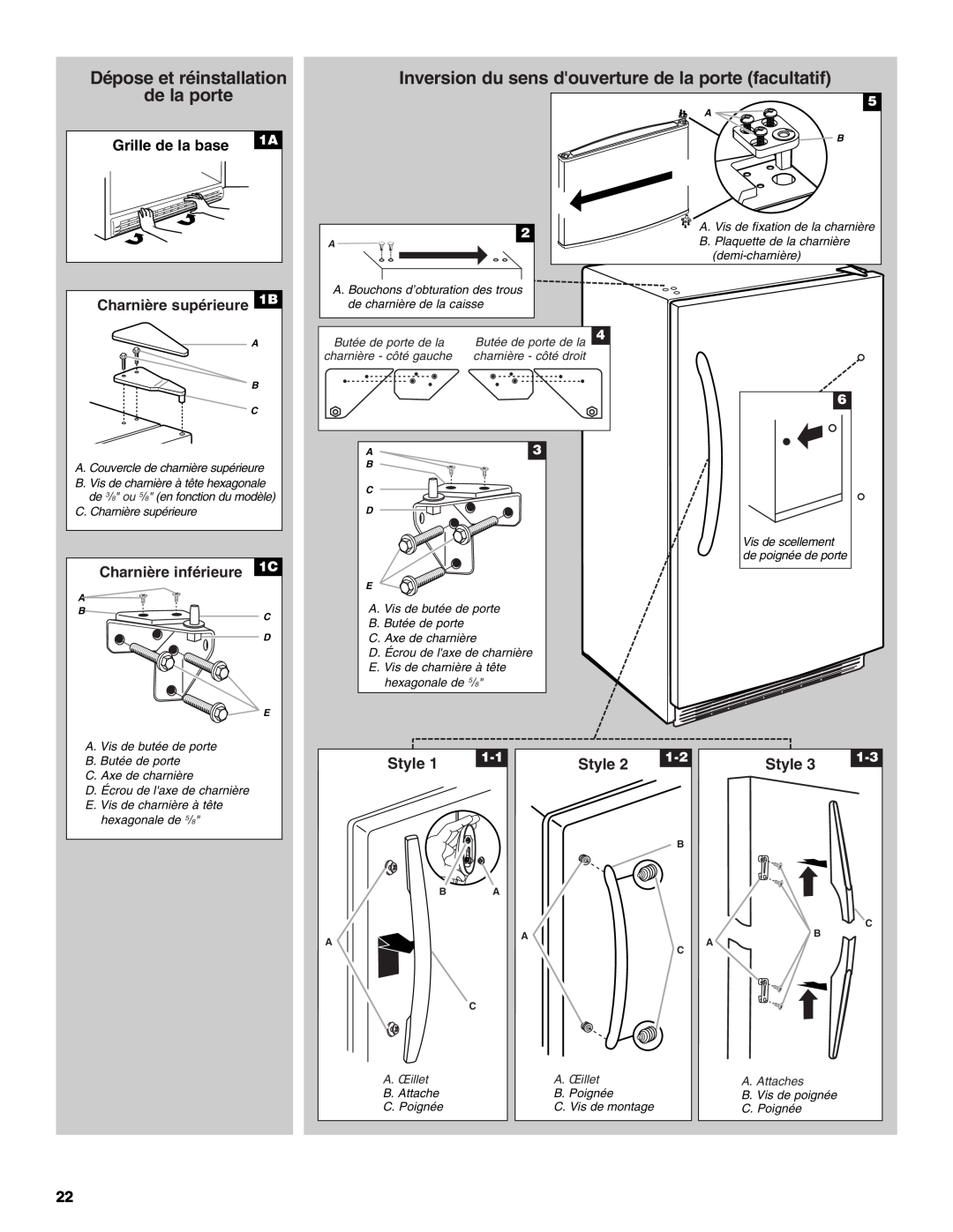 Whirlpool EV161NZTQ manual Dépose et réinstallation de la porte, Charnière supérieure 1B, Charnière inférieure 1C, Style 