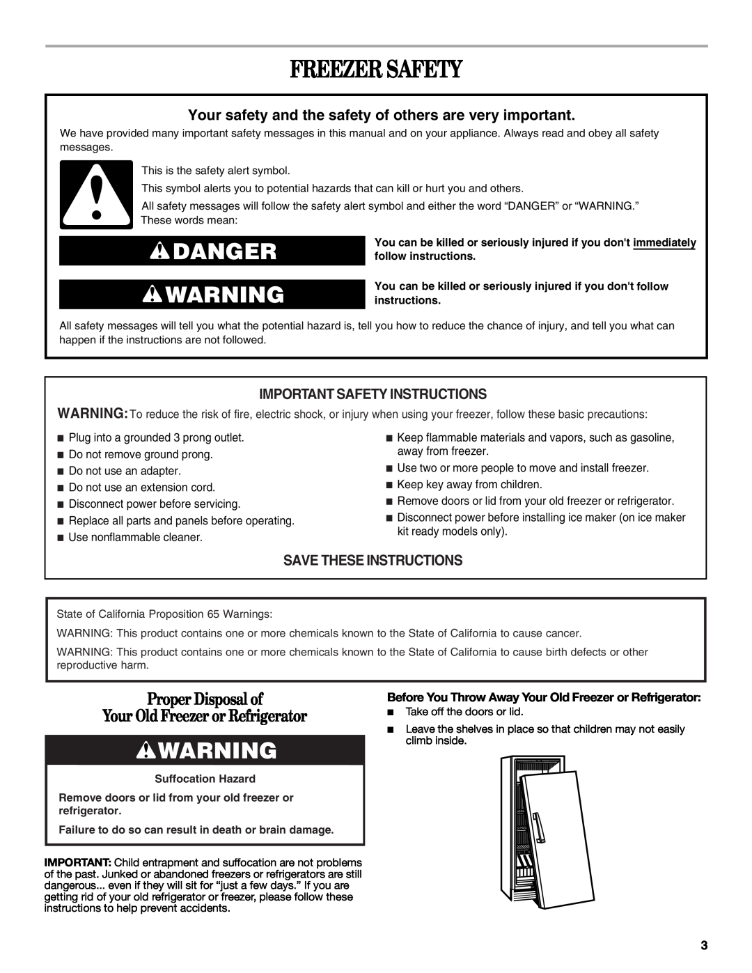 Whirlpool EV161NZTQ Freezer Safety, Danger, Proper Disposal of, Your Old Freezer or Refrigerator, Save These Instructions 