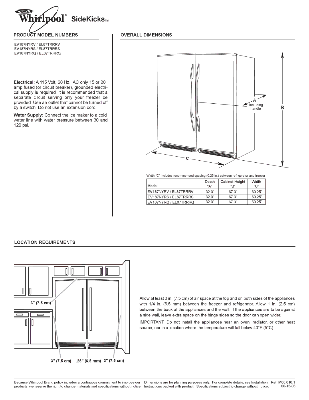 Whirlpool EV187NYRV, EV187NYRQ dimensions SideKicksTM, Product Model Numbers, Overall Dimensions, Location Requirements 