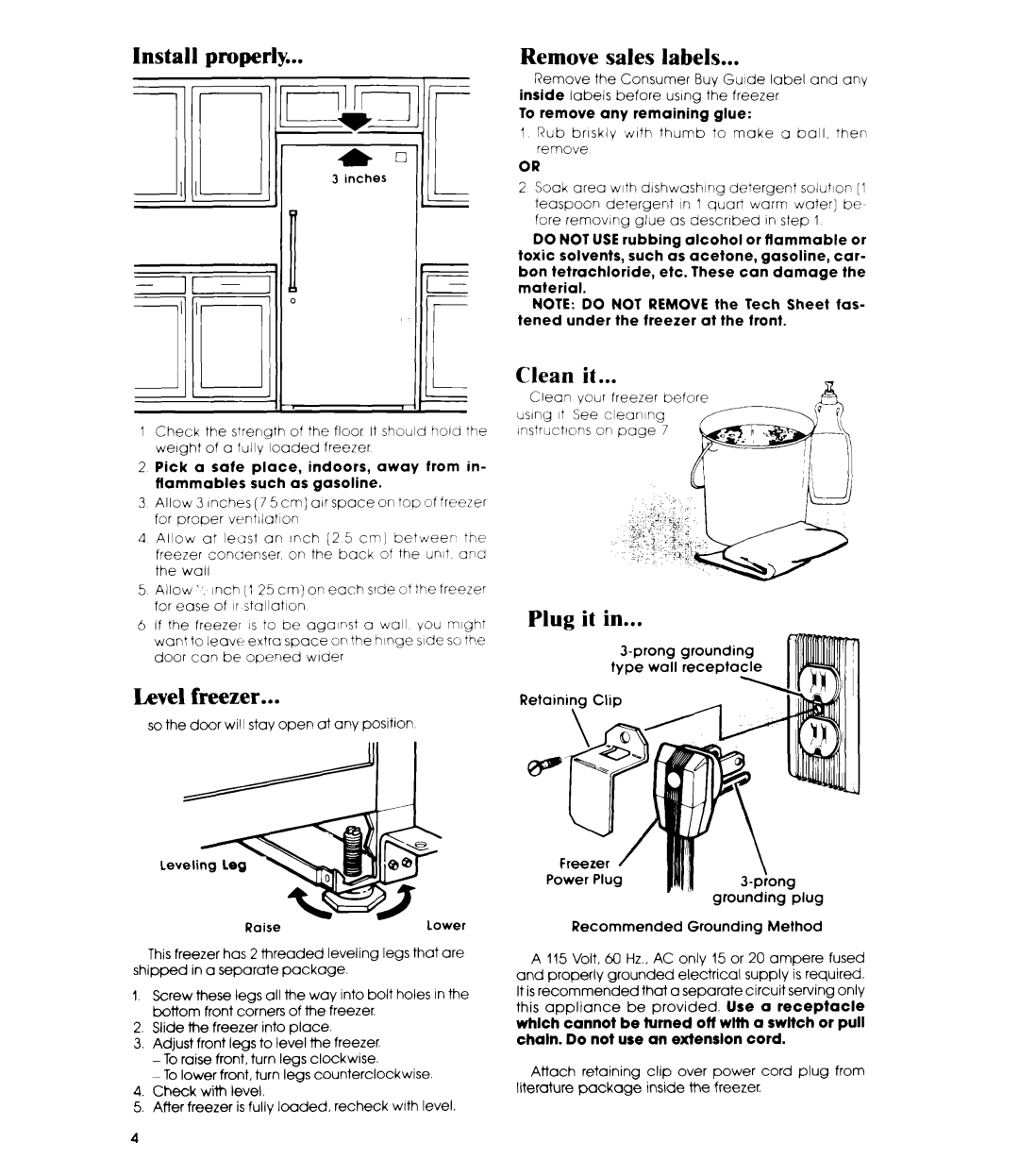 Whirlpool EV190E manual Install properly, Level freezer, Clean it, Plug it 