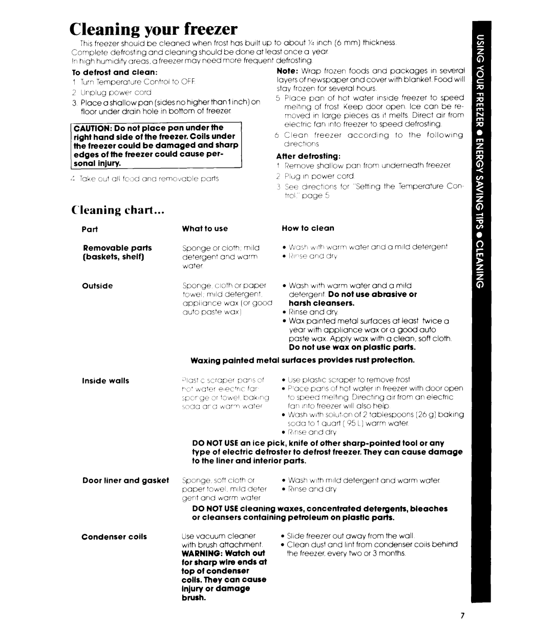 Whirlpool EV190E manual Cleaning chart 