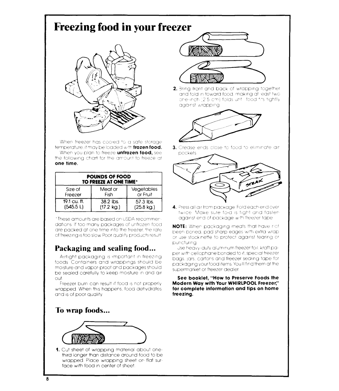 Whirlpool EV190E manual Freezing food in your freezer, Packaging and sealing food, To wrap foods 