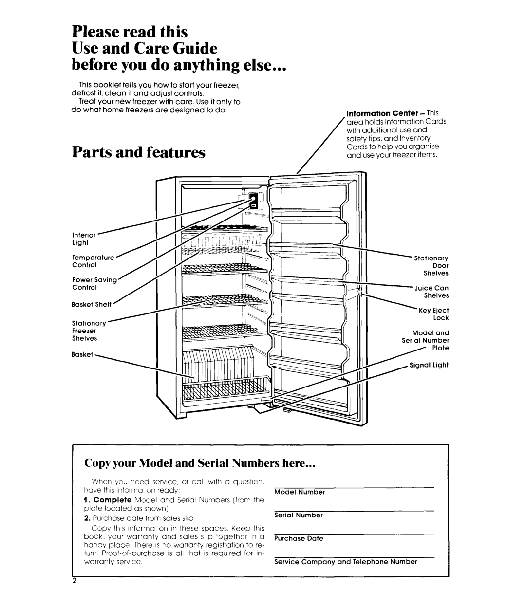 Whirlpool EV190F manual Before you do anything else, Parts and features, Copy your Model and Serial Numbers here 