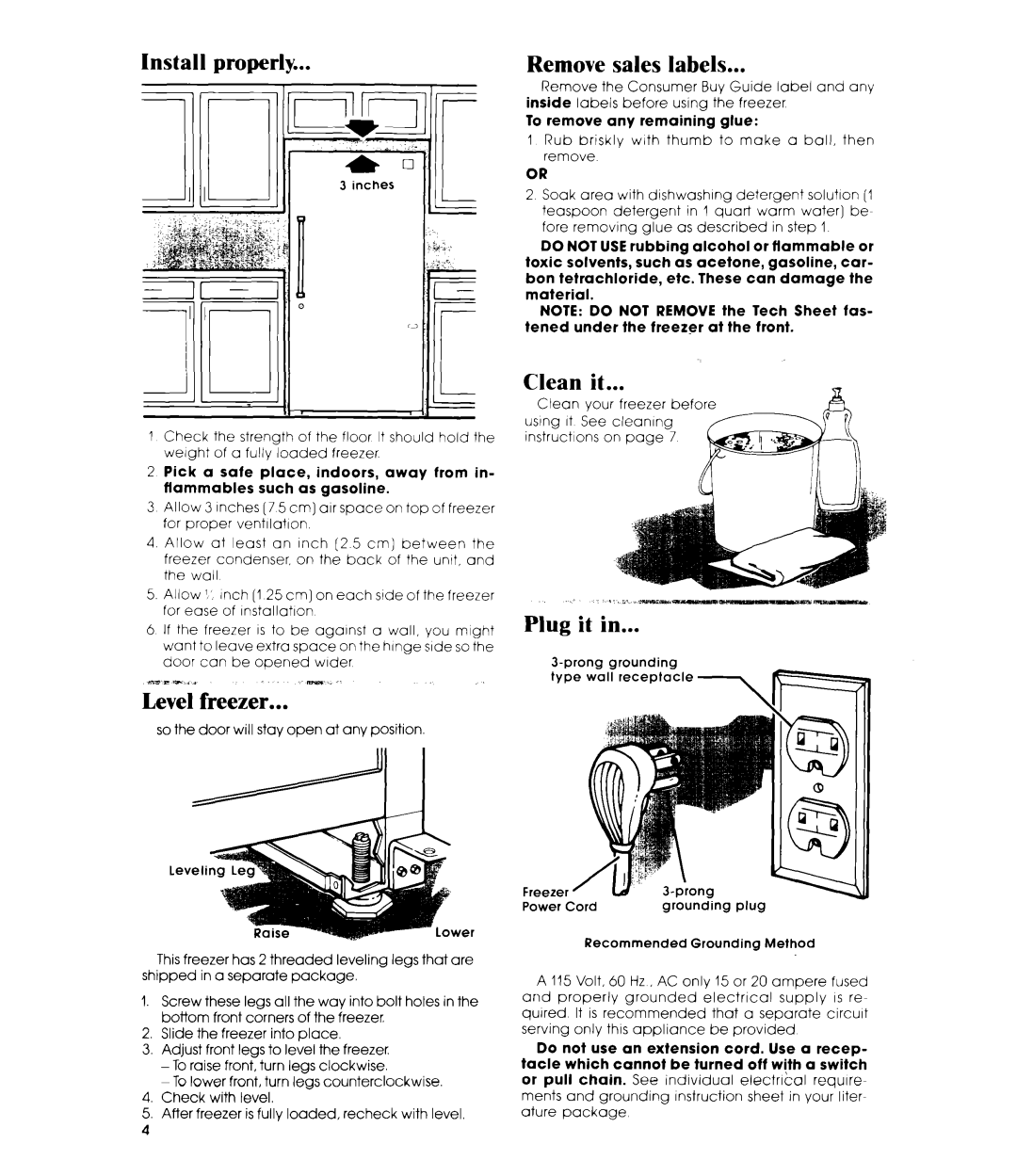 Whirlpool EV190F manual Install properly, Level freezer, Clean it, Plug it 