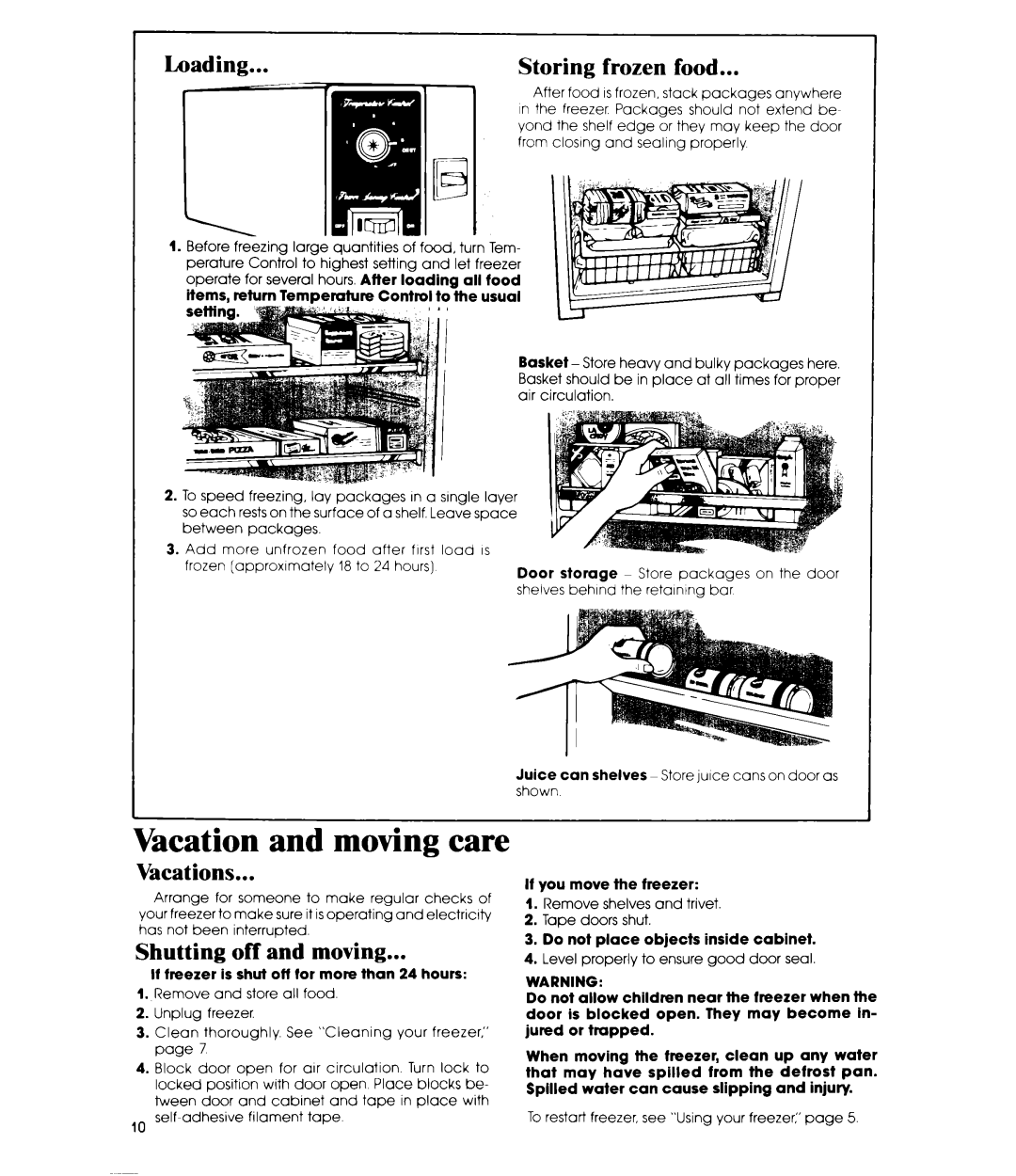 Whirlpool EV190N manual Loading Storing frozen food, Vacations, Shutting off and moving 