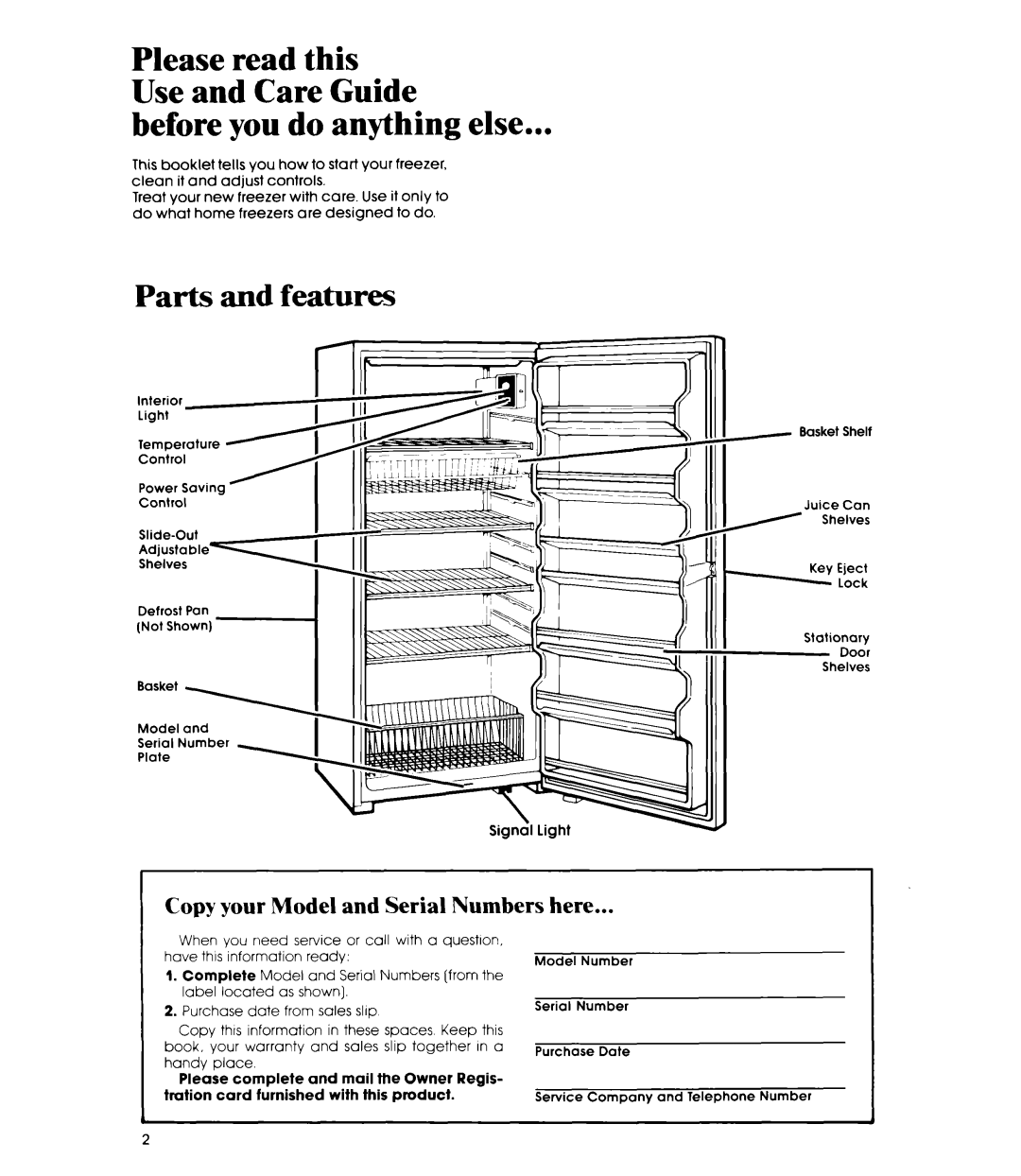 Whirlpool EV190N manual Before you do anything else, Parts and features, Copy your Model and Serial Numbers here 