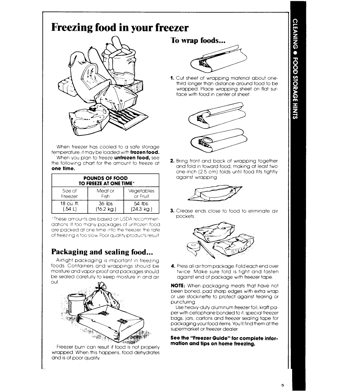 Whirlpool EV190N manual Freezing food in your freezer, To wrap foods, Packaging and sealing food, Pounds of Food 