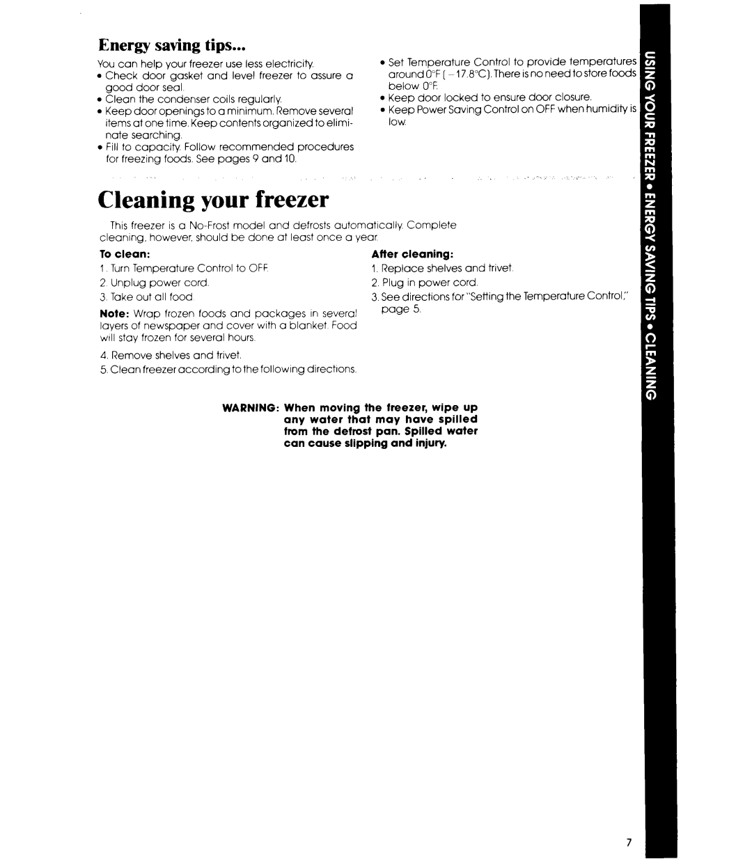 Whirlpool EV190N manual Cleaning your freezer, Energy saving tips 
