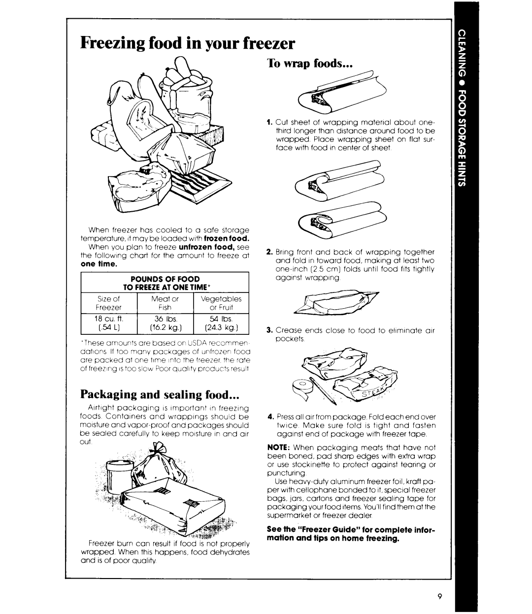 Whirlpool EV190N manual Freezing food in your freezer, To wrap foods, Packaging and sealing food 