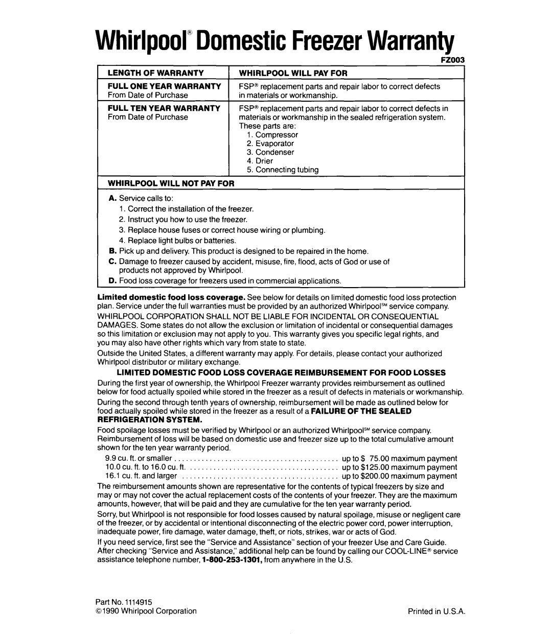 Whirlpool EV11OCX, EV190NX, EV150NX manual Parts Repair Labor To correct Defects From Date Purchase, Or workmanship, System 