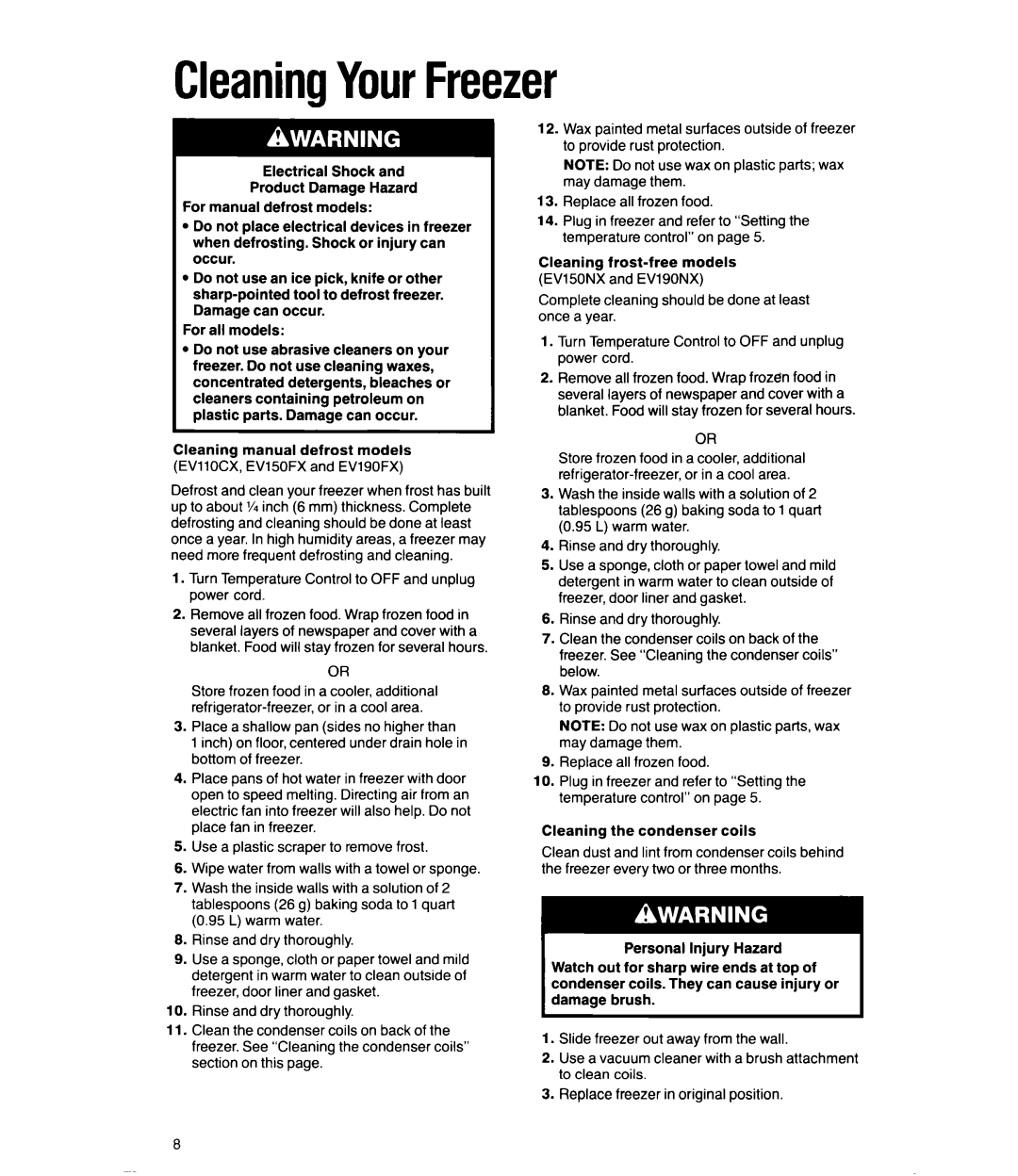 Whirlpool EW190FX, EV190NX, EV150NX, EV11OCX manual CleaningYourFreezer, Turn Temperature Control to OFF and unplug power cord 