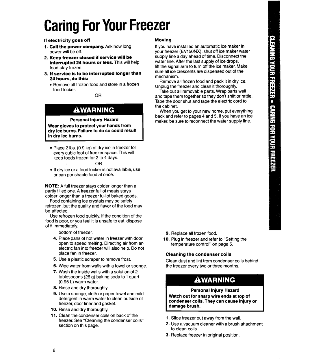 Whirlpool EW150FX, EV190NX, EV150NX, EV11OCX, EW190FX manual CaringForYourFreezer, Hazard 