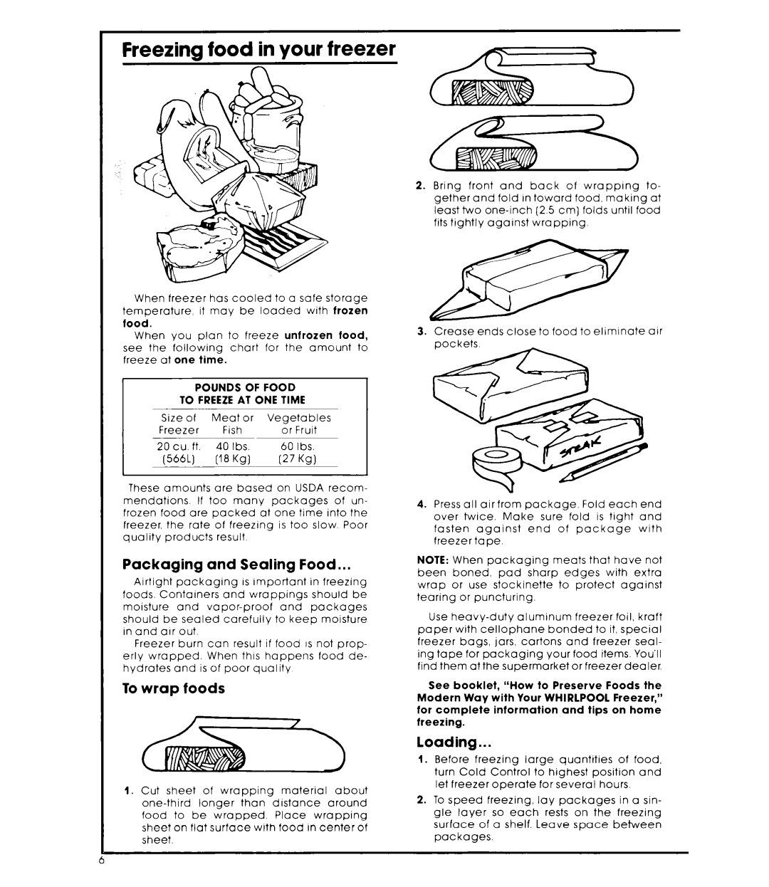 Whirlpool EV200D warranty Freezing food in your freezer, Packaging and Sealing Food, To wrap foods, Loading 