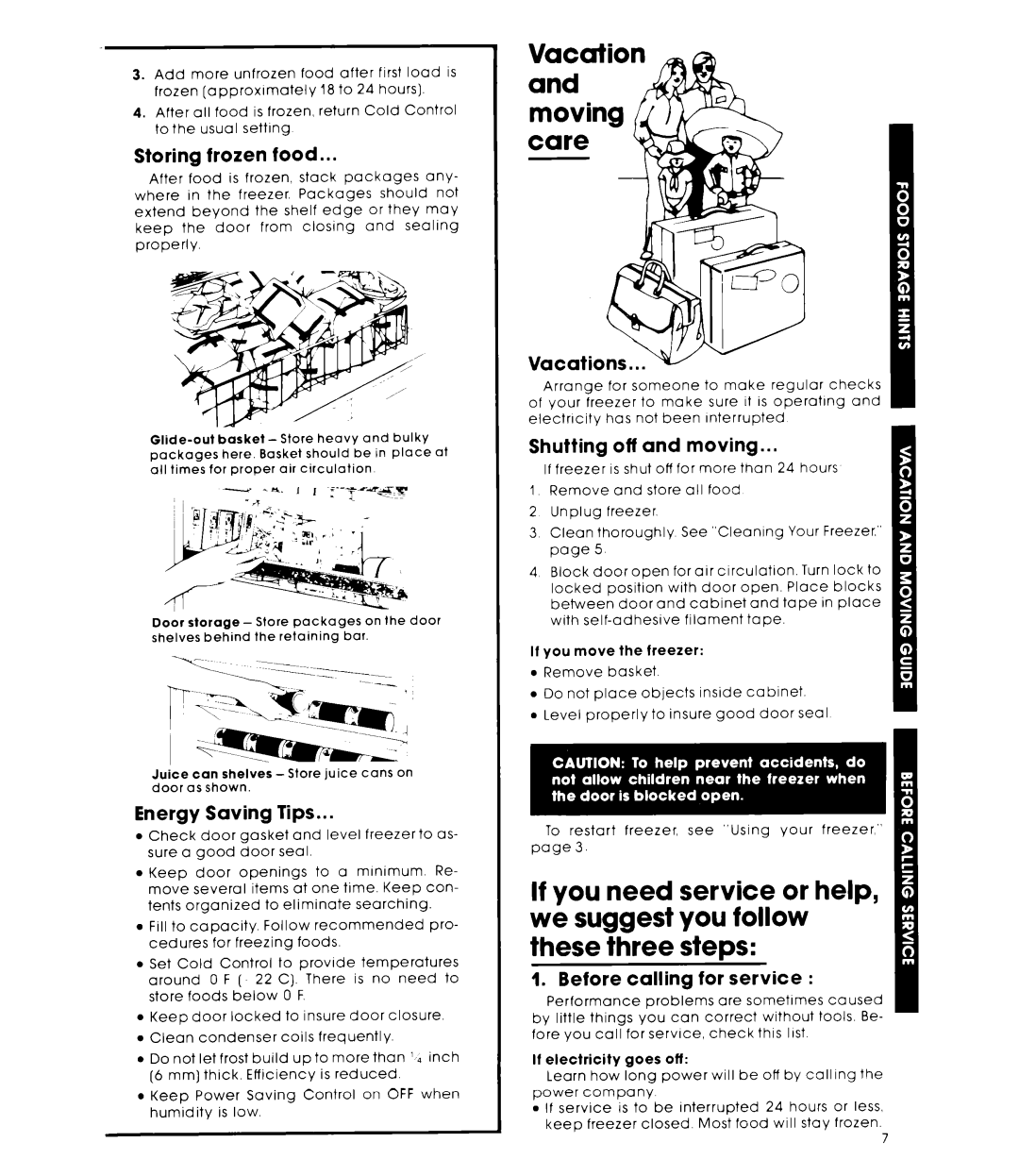 Whirlpool EV200D warranty Storing frozen food, Energy Saving Tips, Vacations...v, Shutting off and moving 