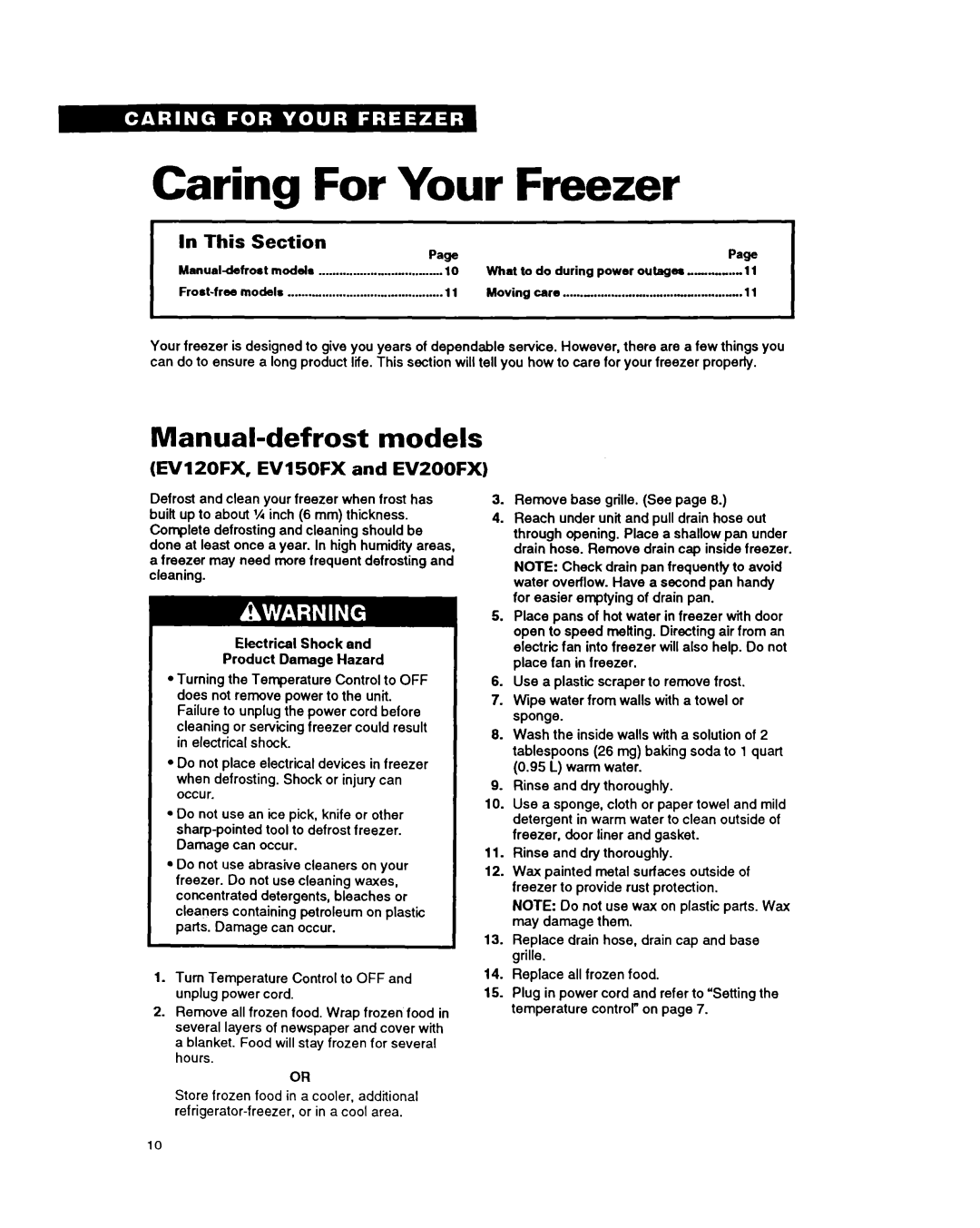 Whirlpool EV200FX, EV170NX, EVl50FX Caring For Your Freezer, Manual-defrost models, EVlZOFX, EV150FX and Evzoofx 