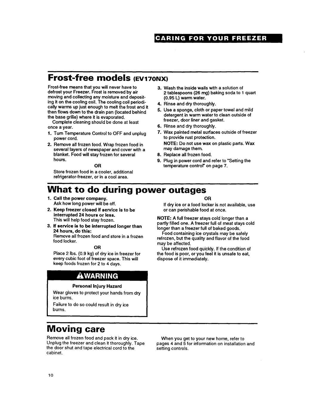 Whirlpool EVl50FX, EV200FX, EV170NX, EVlZOFX Frost-free models EVI~ONX, What to do during power outages, Moving care 