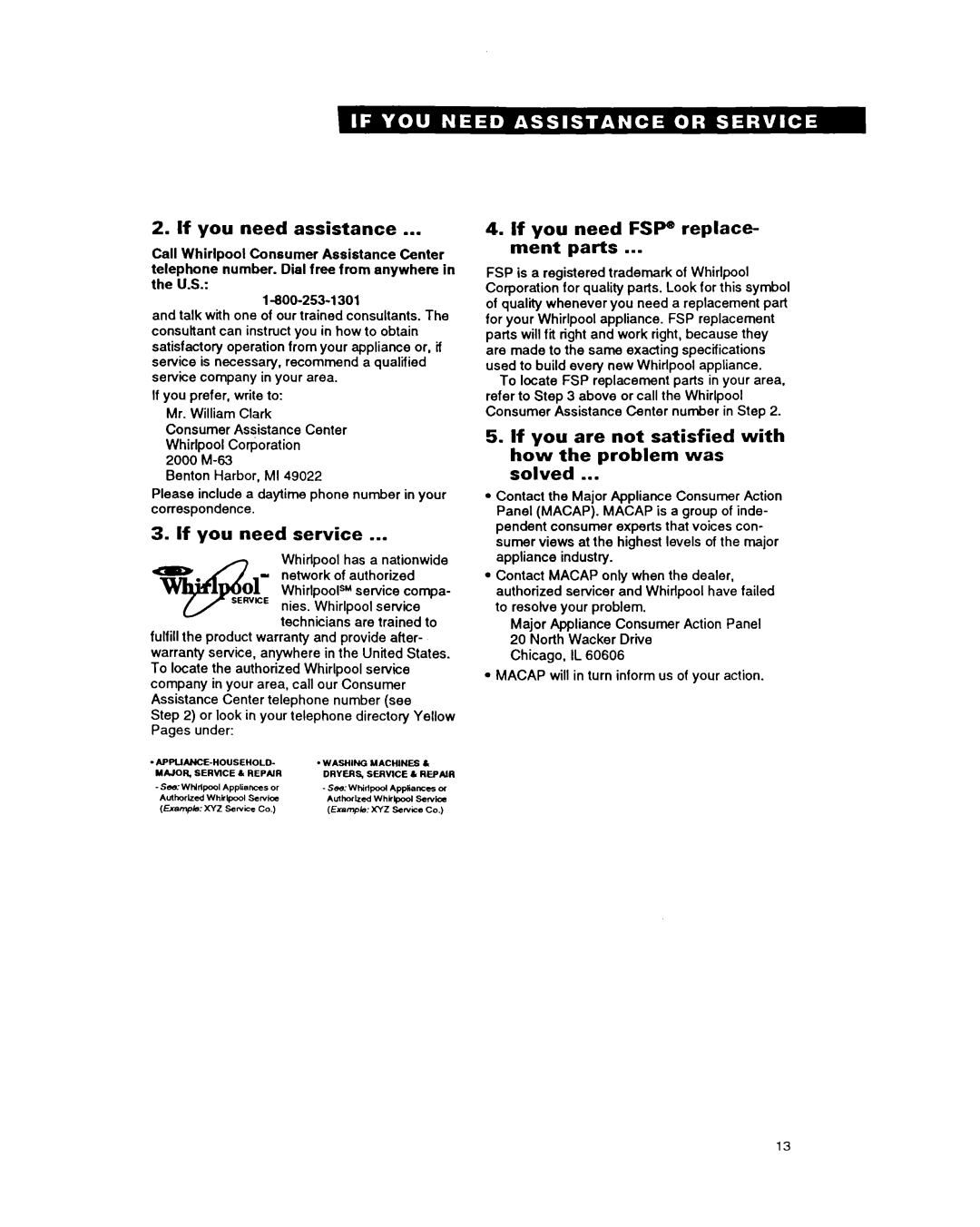 Whirlpool EV170NX, EV200FX, EVlZOFX If you need assistance, If you need service, If you need FSP replace- ment parts 