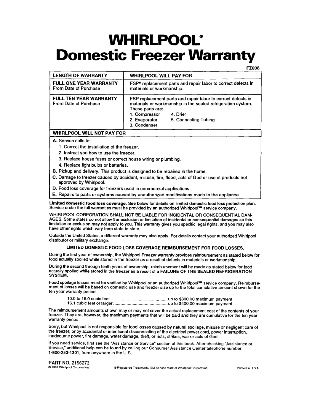 Whirlpool EV200FX, EV170NX, EVlZOFX, EVl50FX important safety instructions Domestic Freezer Warranty, Fzooi 