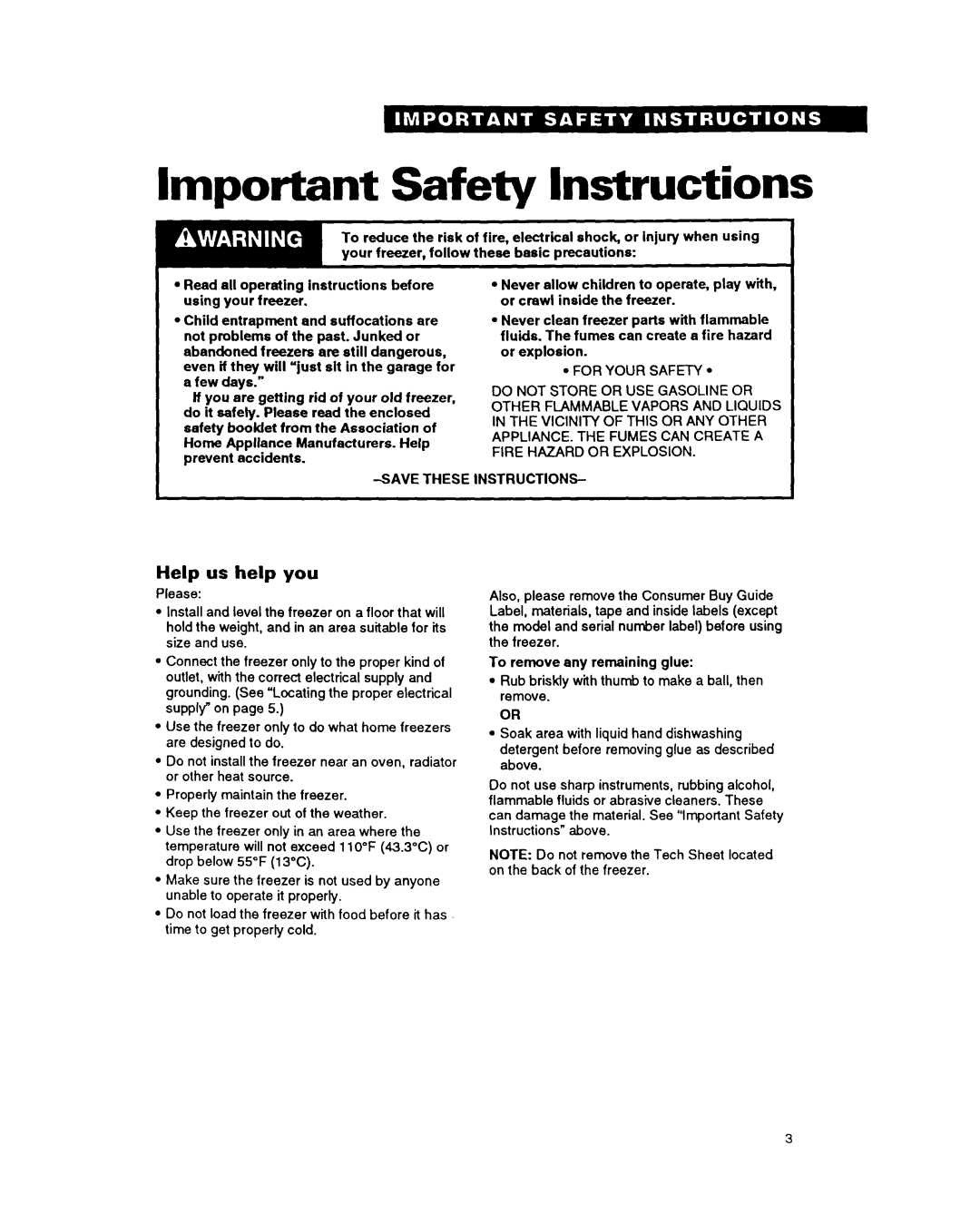 Whirlpool EVl50FX, EV200FX, EV170NX, EVlZOFX important safety instructions Important Safety Instructions, Help us help you 