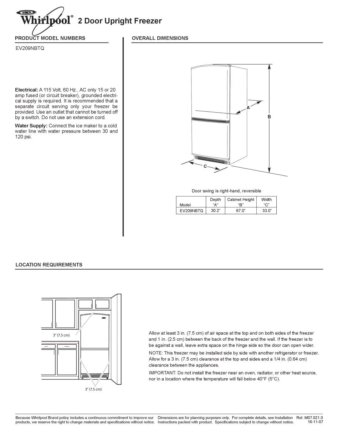 Whirlpool EV209NBTQ dimensions Door Upright Freezer, Product Model Numbers, Overall Dimensions, Location Requirements 