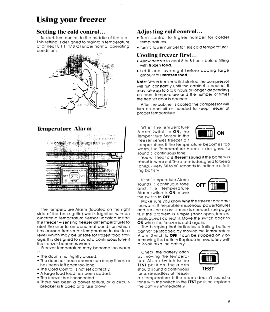 Whirlpool EV20VS manual your, freezer, Using, Setting, Temperature Alarm, Adjus ting cold control, lI1I1, Test 